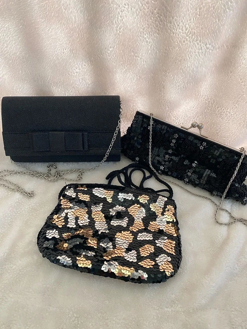 Set of three Black Sequin Evening Clutch with Gold or Silver Accents